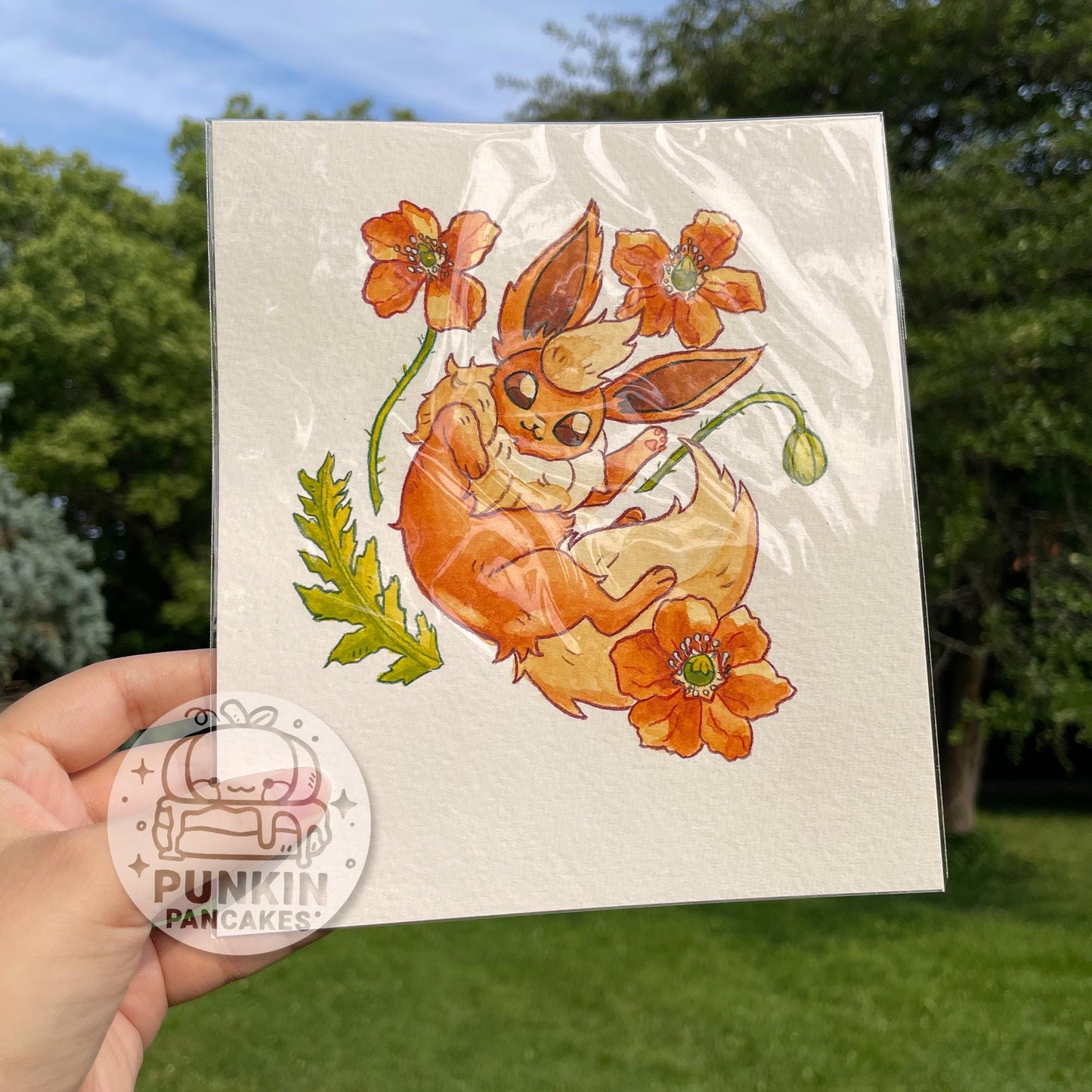 Flareon and Poppies - Original Watercolor