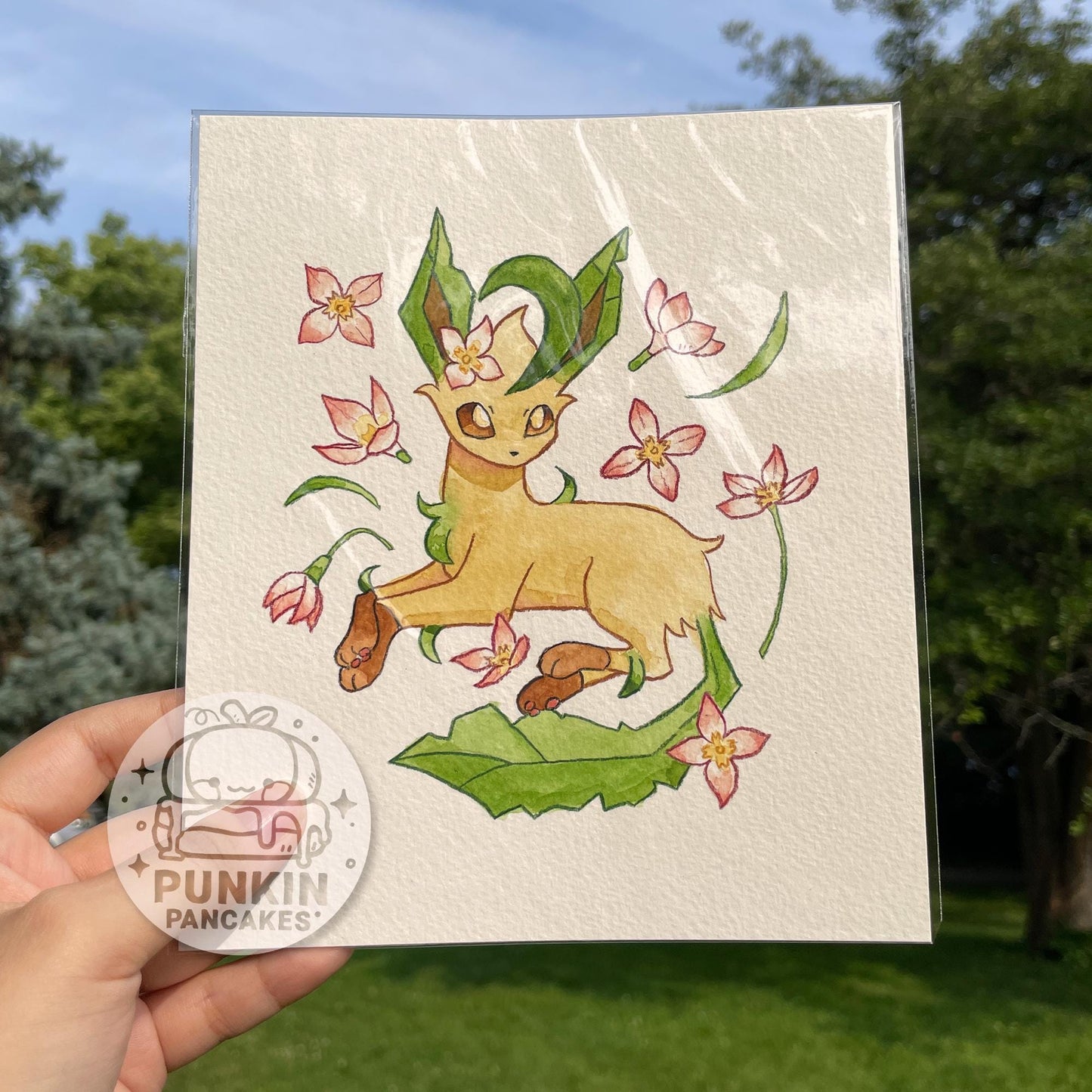 Leafeon and Azure bluet flowers - Original Watercolor