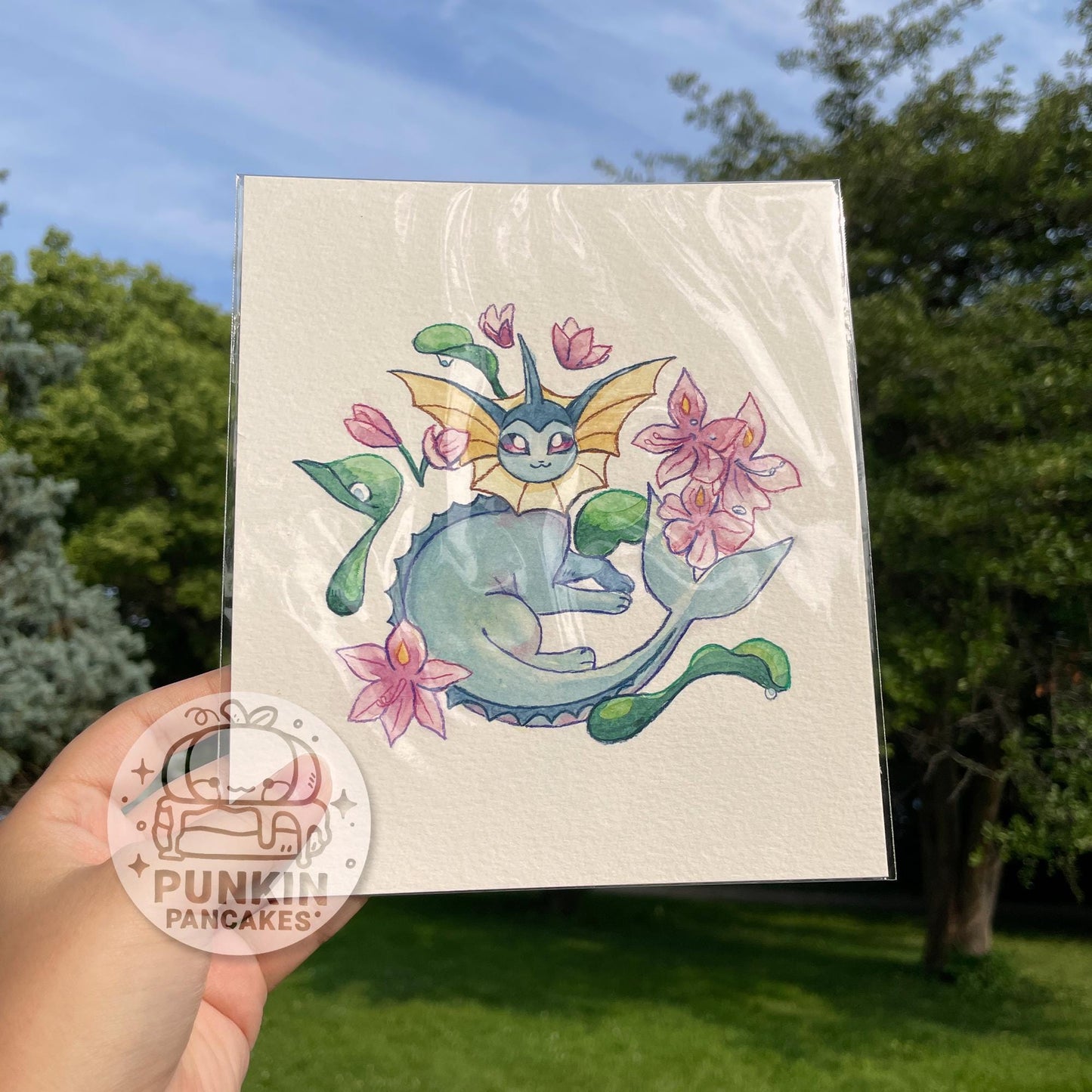 Vaporeon and Water Hyacinths - Original Watercolor